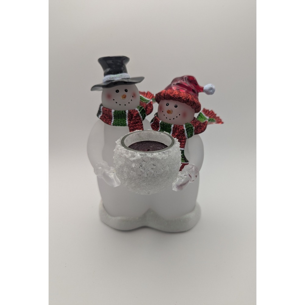 Frosted Snowman Couple Figurine Votive Candle Holder Glitter Accents Christmas‎